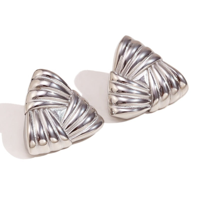 Wholesale Fashion Niche Temperament Retro Stainless Steel Plated 18K Gold Casting Stripes Wrapped Triangle Earrings